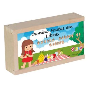 Imagem de Dominó de libras tema  frutas 28 peças caixa de madeira - Brinque E Le