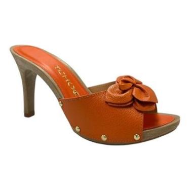 Imagem de Tamanco Tchocco Salto Alto Couro Caramelo Flor Retrô Vintage 52302-Feminino