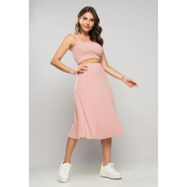 Imagem de Saia Midi Godê Canelada Rosa Claro Salvatore, Rosa, P