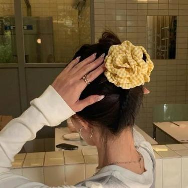Imagem de Presilha De Cabelo Feminina Xadrez Amarela Com Rosa, Acessório De Cabe