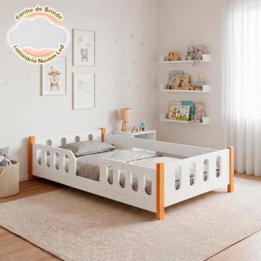 Imagem de Cama Infantil Montessoriana Melissa Branca com Grade e Luminária Led -