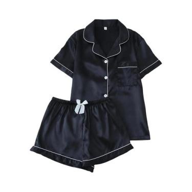 Imagem de Conjunto De Pijama Feminino De Cetim Cor Sólida Com Blusa De Manga Cur