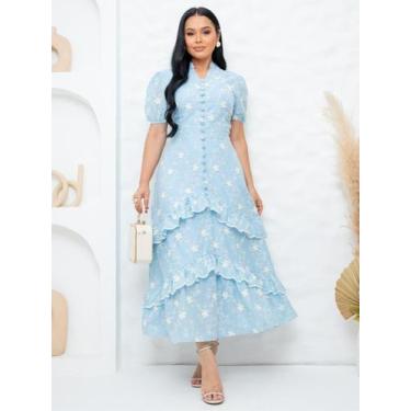 Imagem de Vestido Maxi Midi Elegante Bordado com Babado Moda Evangélica Lese Alg