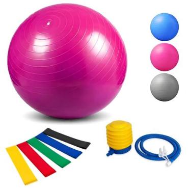 Imagem de Bola Pilates 65cm C/ Bomba Pilates Yoga Ginástica+Kit 5 Faixa Elástica