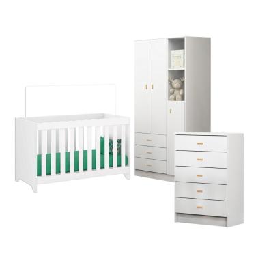 Imagem de Kit Quarto Bebê Berço Cômoda Guarda Roupa BBI-51 BB-120 BB-322 MDP Branco Ditália Móveis