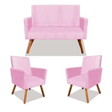 Imagem de Kit 01 Namoradeira e 02 Poltronas Decorativa Nina com Pés Madeira Suede Rosa