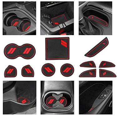 Imagem de YANWEN Tapetes anti-poeira para Dodge Challenger 2015-2020, forro de câmbio interior personalizado para inserção de porta-copos, bolso para porta, console central (11 peças, vermelho)