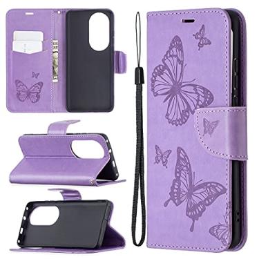 Imagem de HONGYAN Capa de telefone Para Huawei P50 Pro Dois Borboletas Embossing Pattern Capa Horizontal Flip Leather com suporte e carteira e carteira e cordão Capa protetora