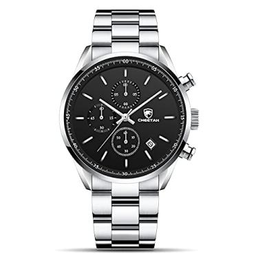 Imagem de CHEETAH Relógio masculino Fashion Business com pulseira de aço inoxidável ou couro à prova d'água, cronógrafo de quartzo, para homens com data automática, Prateado, preto, Cronógrafo
