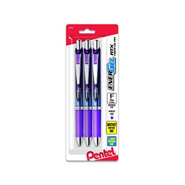 Imagem de Pentel Caneta de gel líquido retrátil EnerGel RTX (0,5 mm), linha fina, ponta de agulha, tinta violeta, pacote com 3 (BLN75BP3V)