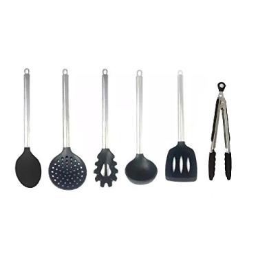 Imagem de Kit 6 Colheres De Silicone Preto Cabo Inox Utensílios