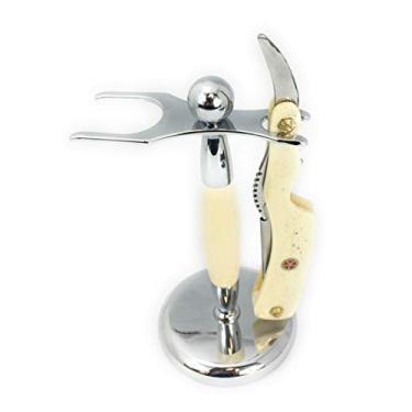 Imagem de GBS clássico reta da borda da Navalha Barber Shavette + Escova e Razor Stand - Chifre do Marfim Handle - Gold Acentos + 10 Shaver manual excelente mecanismo bloqueio de segurança Lâminas dos homens