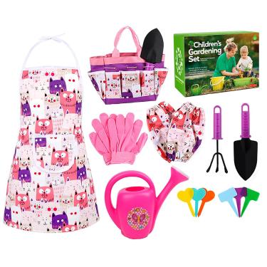 Imagem de jardinagem infantil, 16 ferramentas jardinagem para crianças com regador, luvas jardinagem, ancinho, espátula, avental e bolsa armazenamento, presentes jardinagem para crianças pequenas