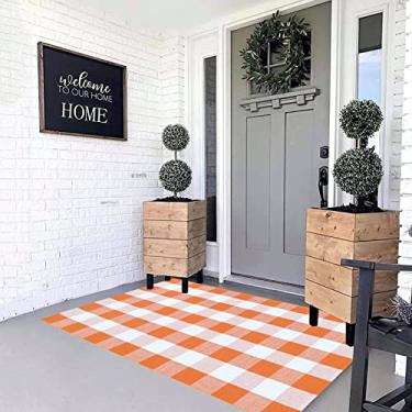 Imagem de MUBIN Tapete xadrez laranja e branco de algodão, 8,5 cm x 1,7 m, tapete tecido à mão para tapetes de porta em camadas tapete lavável para varanda, entrada, fazenda, outono, Halloween