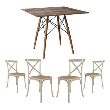 Imagem de Jogo De Mesa Eiffel Quadrado Tampo De Madeira 90Cm Amêndoa Com 4 Cadeiras Katrina Off White Assento