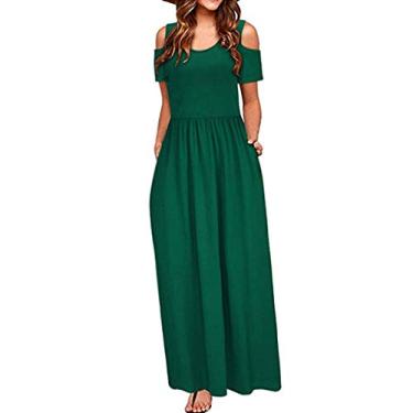 Imagem de Vestidos de praia femininos maxi verão estampado longo ombro vazado vestido floral bolso feminino elegante feminino, Verde, M