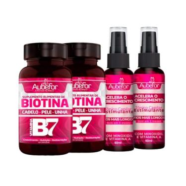 Imagem de 2 Kits de Tratamento Capilar e Combate a Queda com 2 Biotinas e 2 Tônicos Fortalecedores Aubefor