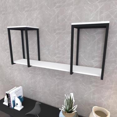 Imagem de Prateleira Industrial Suspensa Estante Parede Nicho Branca Ferro E Madeira Suporte Pratileira