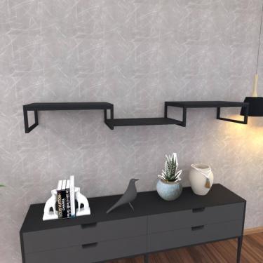 Imagem de Prateleira Industrial Suspensa Estante Parede Nicho Preto Ferro E Madeira Suporte Pratileira
