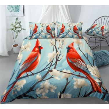 Imagem de Jogo de cama cardeal de pássaros coloridos cardeais, 7 peças, flores, cor da primavera, inclui 1 lençol com elástico + 1 edredom + 4 fronhas + 1 lençol de cima (B, cama de solteiro em um saco - 7