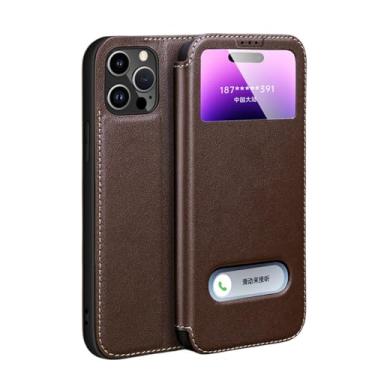Imagem de Para iPhone 15 Plus Case Couro Genuíno Clear View Janela Magnética Flip Cover, Chocolate, Para iPhone 15 Plus