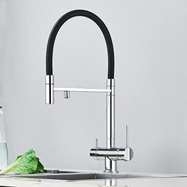 Imagem de Filtro de água torneira da cozinha preto puxar para baixo flexível montado misturador quente e frio guindaste rotação 360 graus, cromo