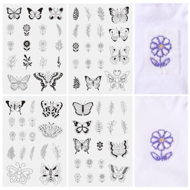 Imagem de Elecrelive 70 peças de borboletas de flores para costura à mão, estabilizador solúvel em água, bastão de dissolver, costurar, bordado, transferência, para costura à mão, camiseta, jeans, jaquetas