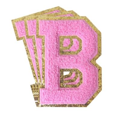 Imagem de 3 peças de remendos de letras de chenille rosa glitter ferro em remendos de letras universitárias remendo bordado de chenille costurar em remendos para roupas chapéu bolsas jaquetas camisa (rosa, B)