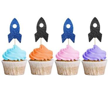 Imagem de MINUET MINUTE Toppers de cupcake Rocket Ship, decoração de festa de chá de bebê para meninos, palitos de sobremesa de astronauta, decoração de festa de aniversário temática do espaço sideral - glitter
