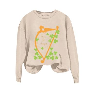 Imagem de Camiseta feminina de manga comprida do Dia de São Patrício verde Shamrock Lucky Tops pulôver despojados, Bege, M