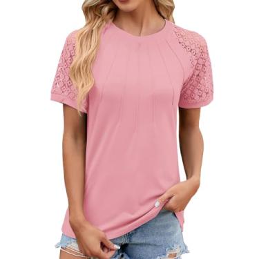 Imagem de Camisetas femininas de malha de renda e manga curta, gola redonda, plissada, cor sólida, caimento solto, túnica de verão, rosa, G