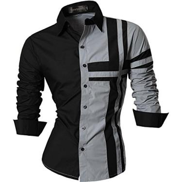 Imagem de Sportrendy Camisa social masculina slim fit manga comprida casual botão para baixo JZS041, Jzs051_Cinza, 3G