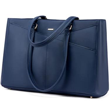 Imagem de Bolsa feminina para notebook LOVEVOOK, bolsa de couro PU impermeável para notebook de 15,6 polegadas, bolsa para trabalho, azul marinho