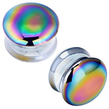 Imagem de Qmcandy Alargadores de orelha arco-íris de vidro selim alargador duplo alargador piercing de túneis 2g-5/20.3 cm, Vidro, Zircônia cúbica