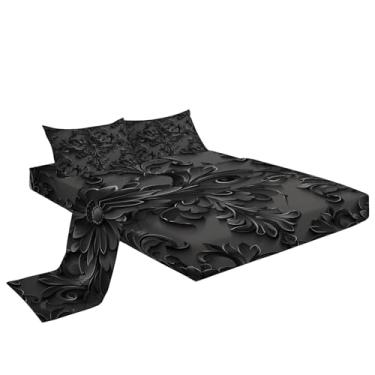 Imagem de Eojctoy Jogo de cama Queen com estampa de flor em relevo preto de microfibra super macia, 4 peças, 1 lençol com elástico, 1 jogo de lençol com elástico e 2 fronhas, 40 cm de profundidade para quarto