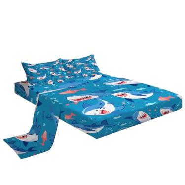 Imagem de Eojctoy Jogo de lençol solteiro de microfibra super macia com desenho de tubarão, 4 peças, azul, 1 lençol com elástico, 1 lençol com elástico e 2 fronhas, 40 cm de profundidade para quarto de crianças