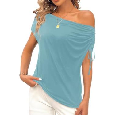 Imagem de VIMPUNEC Blusas femininas de verão com ombros de fora, elegantes, casuais, modernas, blusas de manga curta, Azul água, M