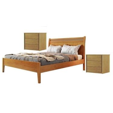 Imagem de Conjunto Quarto de Casal Cama Queen em Madeira Maciça e 2 Mesas de Cabeceira 3 Gavetas...