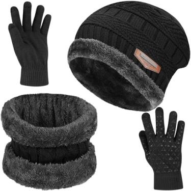 Imagem de Conjunto de 3 Peças Luvas Gorro Cachecol Masculinas Touca Inverno Masculina Quente com Caveira, Preto, Um tamanho, Elástico