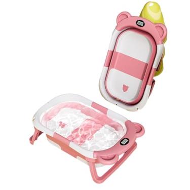 Imagem de Banheira Infantil Portátil Dobrável Com Termômetro Bebê Nenê Recém-nascido para viagem Fica compacto (ROSA CLARO) + ALMOFADA