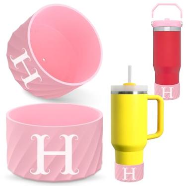 Imagem de Bota inicial de silicone para Stanley Cup Quencher IceFlow - Protetor de manga inferior de borracha personalizado para acessórios Stanley Cup HydroFlask, Simple Modern, Owala - Rosa (pacote com 2) H