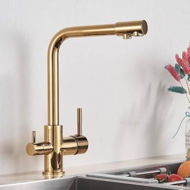 Imagem de Torneira de cozinha com 3 vias, furo único, 2 alças, misturador de água quente e fria, filtro de água pura, dourada