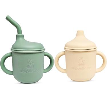 Imagem de HippoBaby Copo com bico de transição de silicone para crianças a partir de 6 meses | Inclui 1 copo de canudo infantil e 1 copo para bebê com alças de 142 g | Perfeito para o desmame LED (menta/creme
