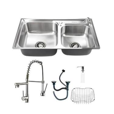 Imagem de Kit Cuba Dupla Pia Cozinha Gourmet E Torneira Monocomando - Brinovar