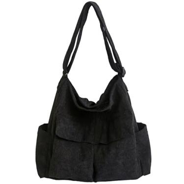 Imagem de GOQUFOY Bolsa grande de veludo cotelê para mulheres com bolso, bolsas transversais Hobo para mulheres, bolsa de ombro masculina bolsas e bolsas de mão, Preto