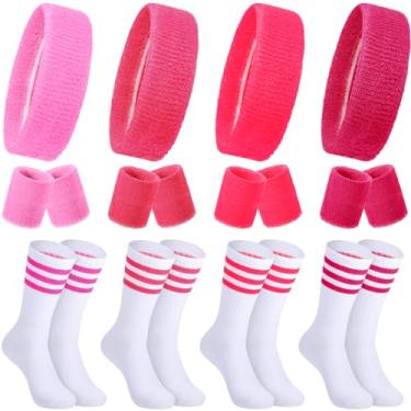 Imagem de Conjunto de pulseiras e meias listradas, faixas de cabeça absorventes, de algodão, faixa de suor, meias altas para mulheres, homens, academia, anos 80, neon para festas (cor fofa, conjunto com 4)