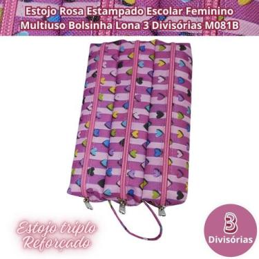 Imagem de Estojo Rosa Estampado Escolar Feminino Multiuso Bolsinha Lona 3 Divisó