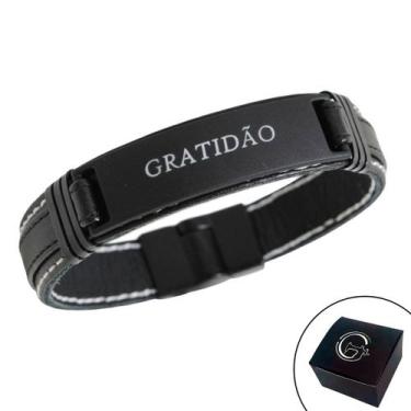 Imagem de Pulseira de Couro Magnética Gratidão Costura Branca - GRANADO ACESSÓRI