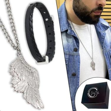 Imagem de Colar Asa Anjo + Pulseira Couro Cordão Corrente Cor Prata Elo Grumet -