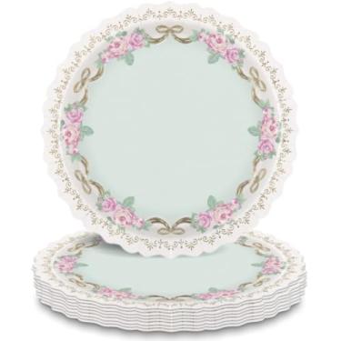 Imagem de Pratos de papel de borda em forma de festa de jardim dourados elegantes com estampagem em folha - 28 cm (8 unidades) - perfeitos para casamentos, aniversários e buffets de luxo